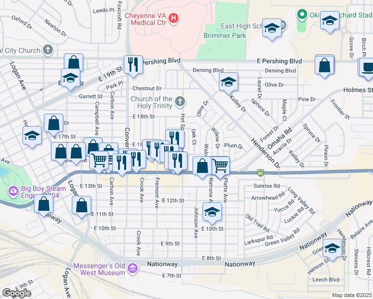 map of restaurants, bars, coffee shops, grocery stores, and more near 1602 Hot Springs Avenue in Cheyenne