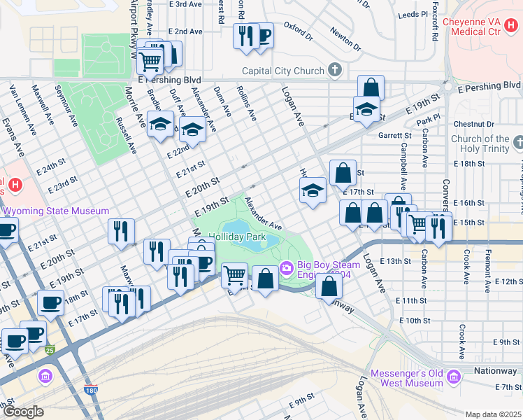 map of restaurants, bars, coffee shops, grocery stores, and more near 1815 Alexander Avenue in Cheyenne