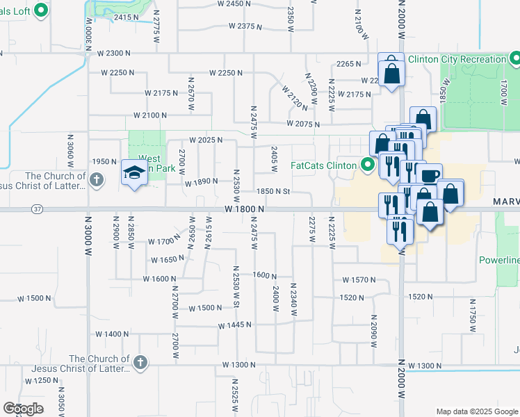 map of restaurants, bars, coffee shops, grocery stores, and more near 2419 1850 North Street in Clinton