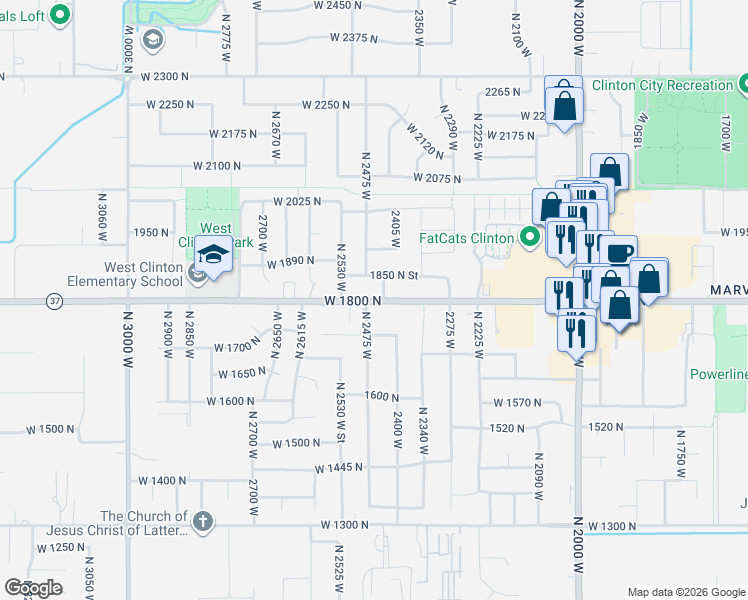 map of restaurants, bars, coffee shops, grocery stores, and more near 2493 1850 North Street in Clinton