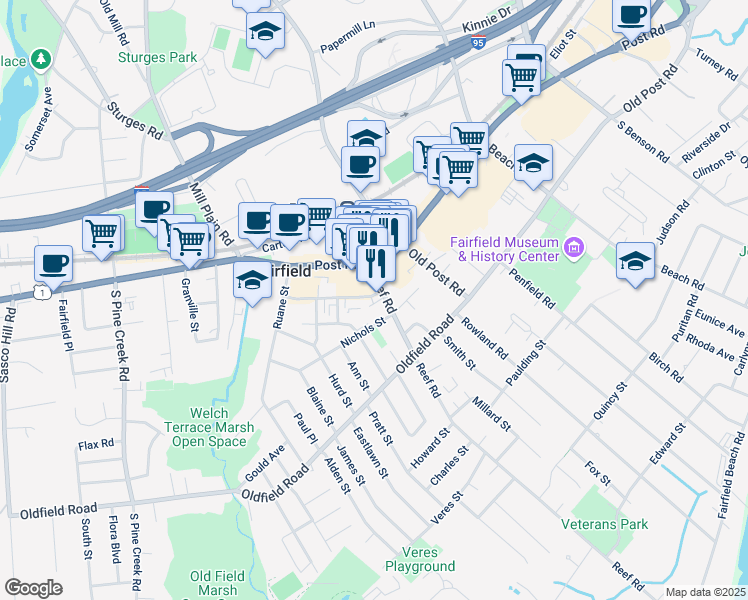 map of restaurants, bars, coffee shops, grocery stores, and more near 48 Reef Road in Fairfield