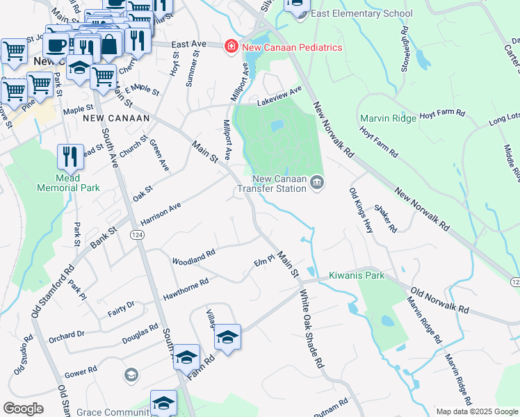 map of restaurants, bars, coffee shops, grocery stores, and more near 402 Main Street in New Canaan