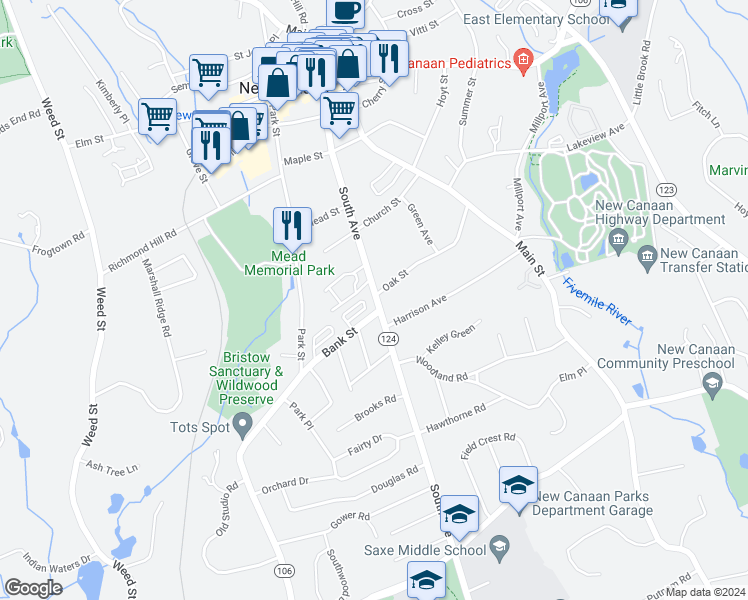 map of restaurants, bars, coffee shops, grocery stores, and more near 194 South Avenue in New Canaan