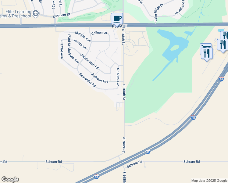 map of restaurants, bars, coffee shops, grocery stores, and more near 16856 Samantha Road in Gretna