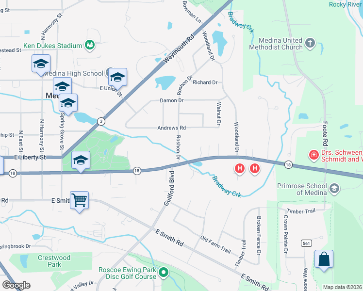 map of restaurants, bars, coffee shops, grocery stores, and more near 170 Roshon Drive in Medina