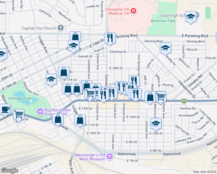 map of restaurants, bars, coffee shops, grocery stores, and more near 1605 Converse Avenue in Cheyenne