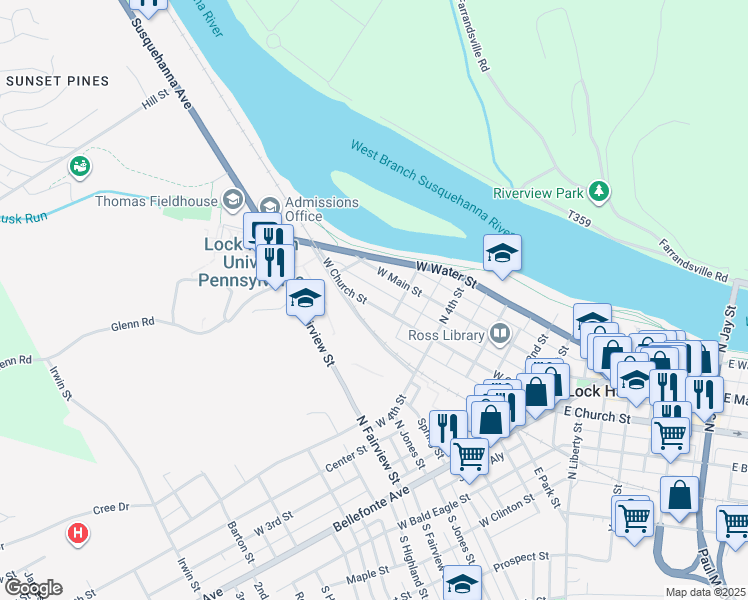 map of restaurants, bars, coffee shops, grocery stores, and more near 530 West Main Street in Lock Haven