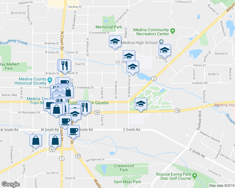 map of restaurants, bars, coffee shops, grocery stores, and more near 124 North Harmony Street in Medina