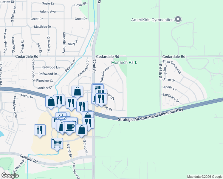 map of restaurants, bars, coffee shops, grocery stores, and more near 1412 Cherry Tree Lane in Papillion