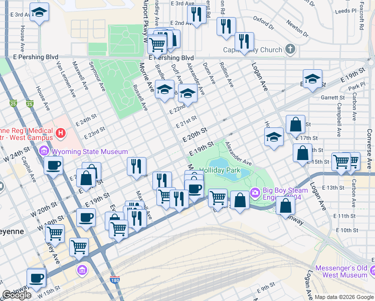 map of restaurants, bars, coffee shops, grocery stores, and more near 1919 Bradley Avenue in Cheyenne