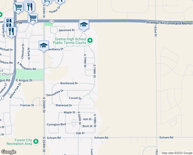 map of restaurants, bars, coffee shops, grocery stores, and more near 11443 South 198th Street in Gretna