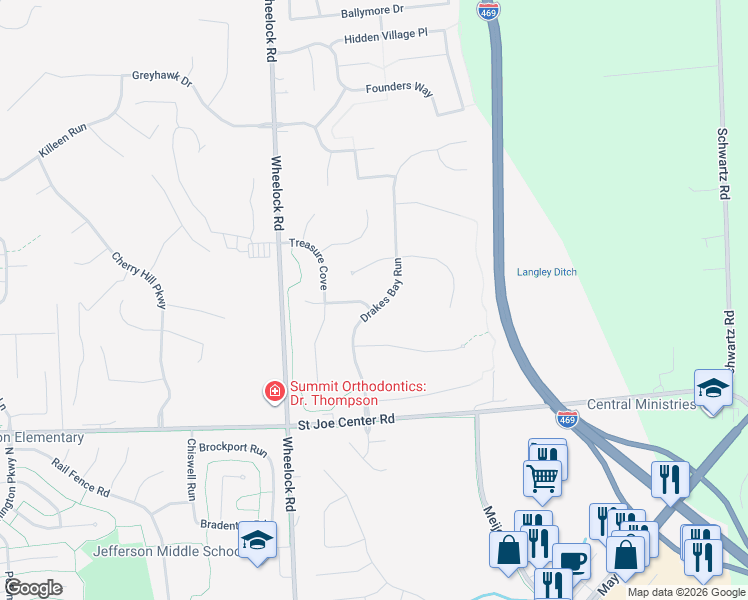 map of restaurants, bars, coffee shops, grocery stores, and more near 6317 Drakes Bay Run in Fort Wayne