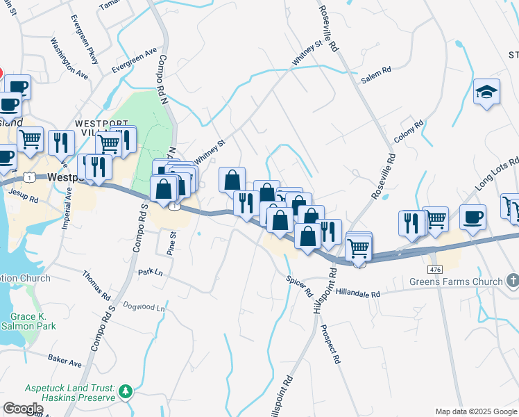 map of restaurants, bars, coffee shops, grocery stores, and more near 1 Crescent Park Road in Westport