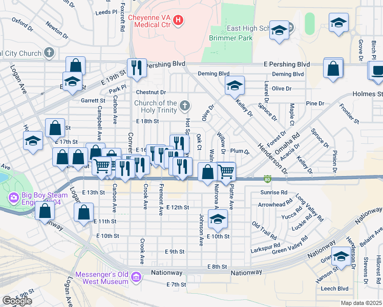 map of restaurants, bars, coffee shops, grocery stores, and more near 1602 Hot Springs Avenue in Cheyenne