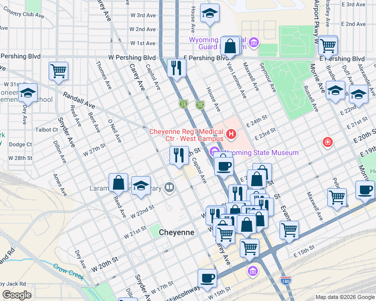 map of restaurants, bars, coffee shops, grocery stores, and more near in Cheyenne