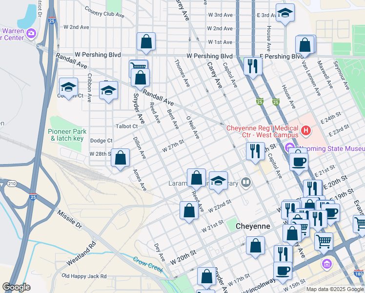 map of restaurants, bars, coffee shops, grocery stores, and more near 700 West 27th Street in Cheyenne