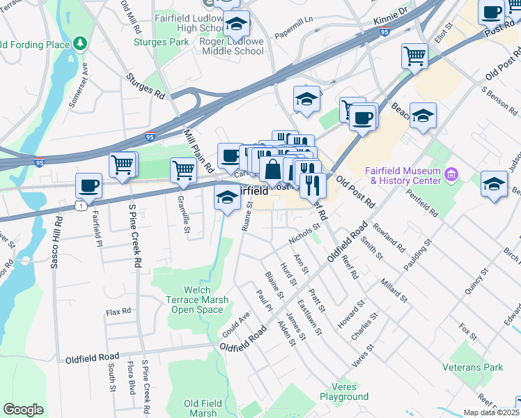 map of restaurants, bars, coffee shops, grocery stores, and more near 1601 Post Road in Fairfield