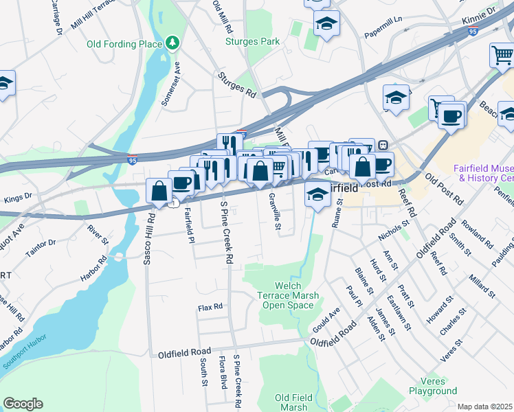map of restaurants, bars, coffee shops, grocery stores, and more near 23 Beaumont Street in Fairfield