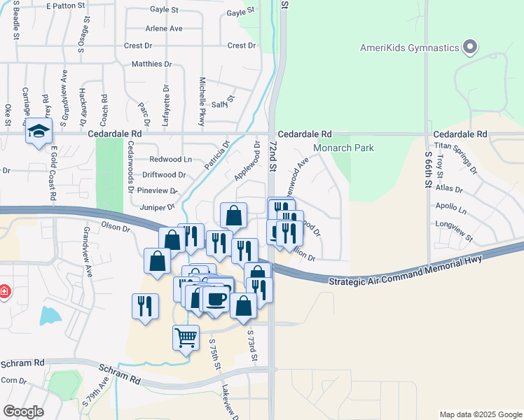 map of restaurants, bars, coffee shops, grocery stores, and more near 10976 South 72nd Street in Papillion