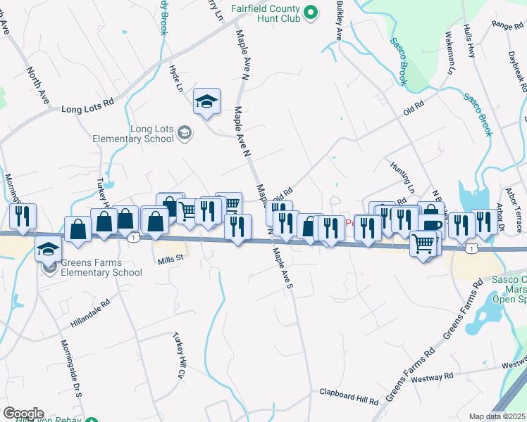 map of restaurants, bars, coffee shops, grocery stores, and more near 19 Maple Avenue North in Westport