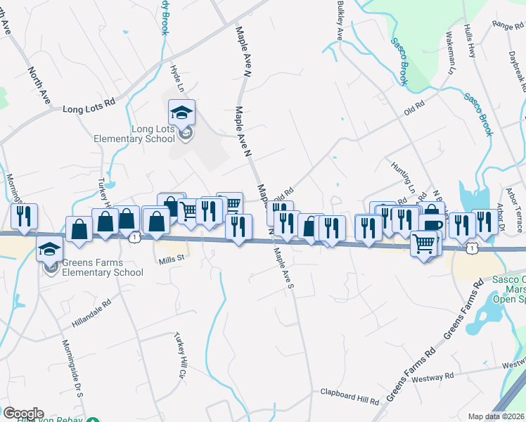 map of restaurants, bars, coffee shops, grocery stores, and more near 68 Old Road in Westport