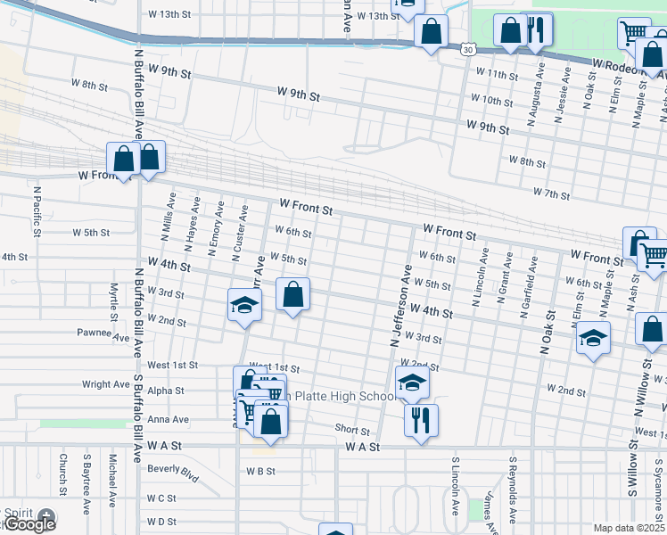 map of restaurants, bars, coffee shops, grocery stores, and more near 501 North Sherman Avenue in North Platte
