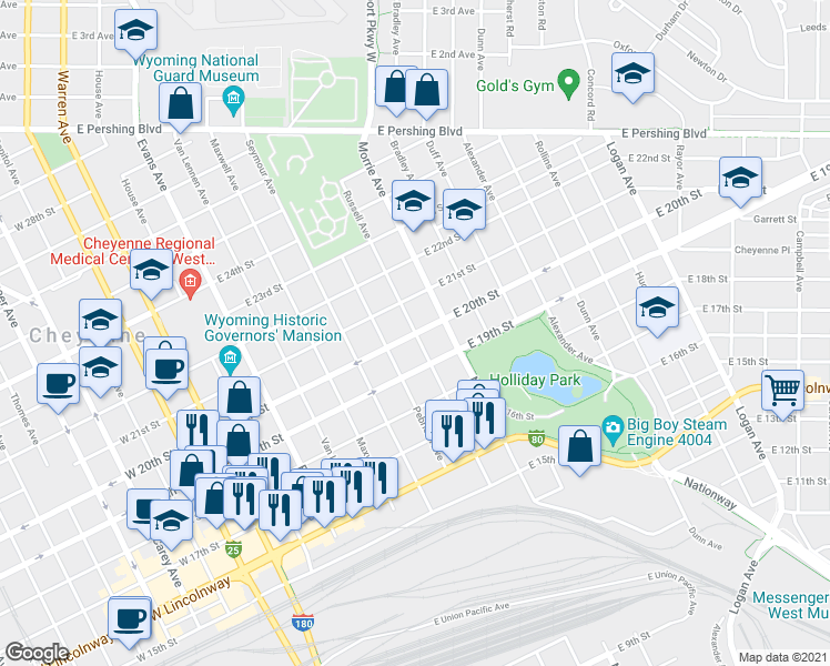 map of restaurants, bars, coffee shops, grocery stores, and more near 2012 Russell Avenue in Cheyenne