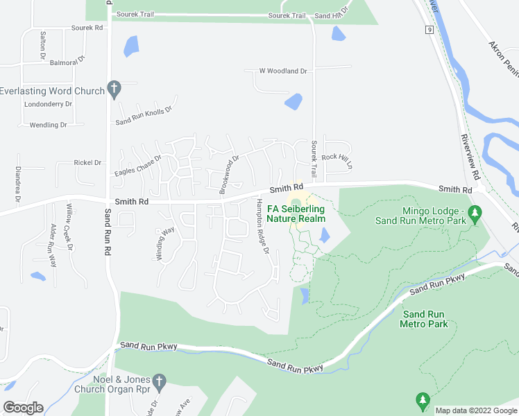 map of restaurants, bars, coffee shops, grocery stores, and more near 838 Hampton Ridge Drive in Akron