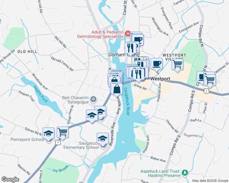 map of restaurants, bars, coffee shops, grocery stores, and more near in Westport