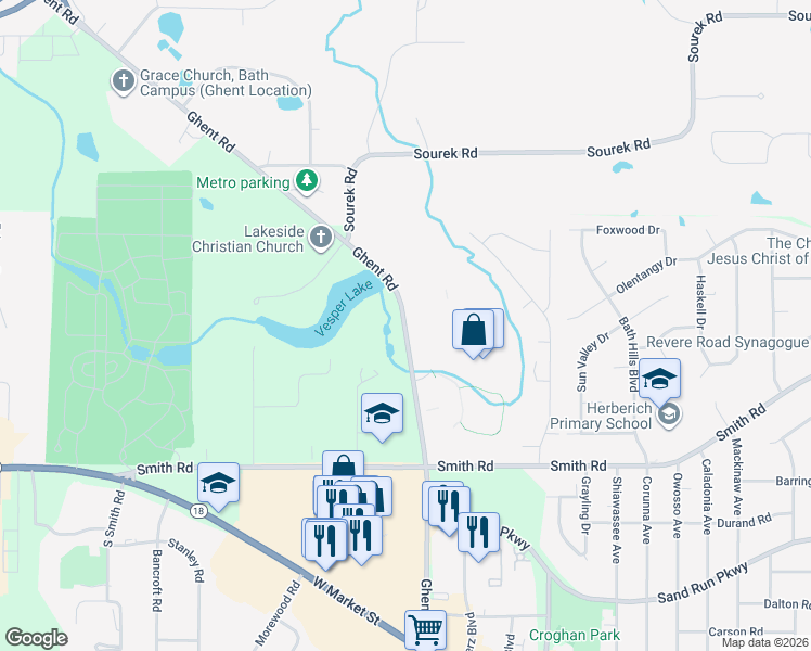 map of restaurants, bars, coffee shops, grocery stores, and more near 365 Ghent Road in Akron