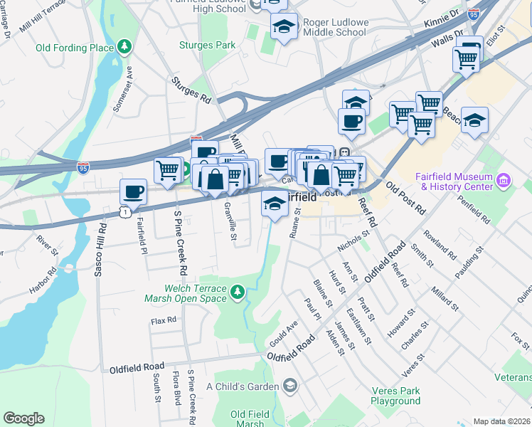 map of restaurants, bars, coffee shops, grocery stores, and more near 73 Thorpe Street in Fairfield