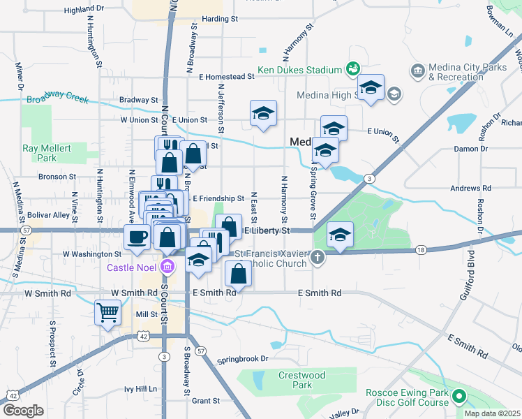 map of restaurants, bars, coffee shops, grocery stores, and more near 408 East Friendship Street in Medina