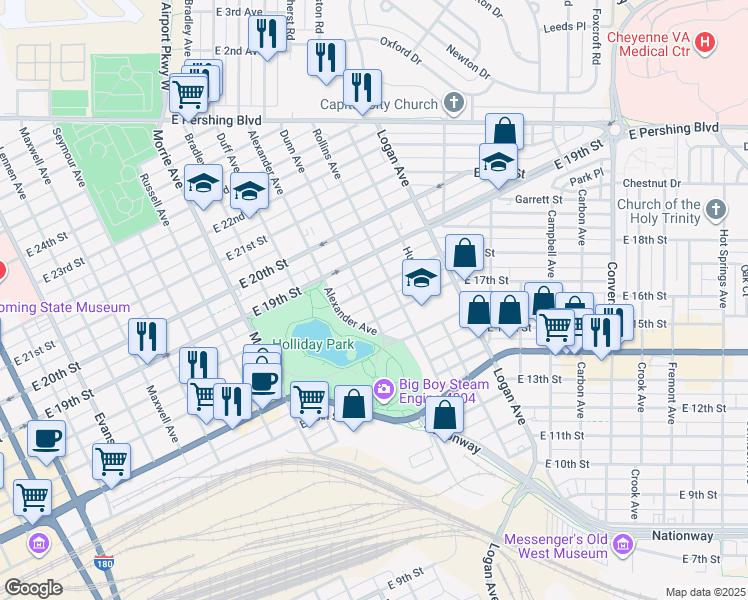 map of restaurants, bars, coffee shops, grocery stores, and more near 1409 East 18th Street in Cheyenne