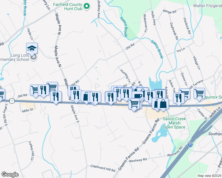 map of restaurants, bars, coffee shops, grocery stores, and more near 36 Westfair Drive in Westport