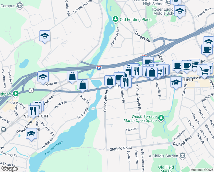 map of restaurants, bars, coffee shops, grocery stores, and more near 2334 Post Road in Fairfield