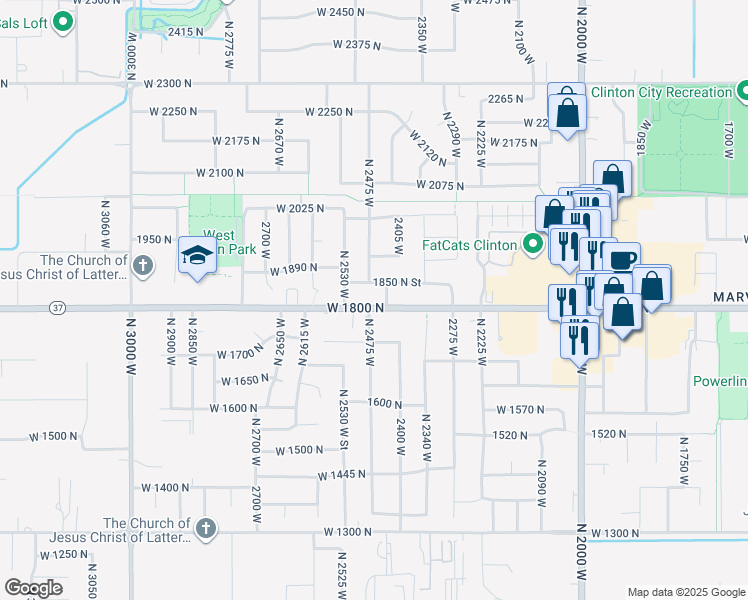 map of restaurants, bars, coffee shops, grocery stores, and more near 2464 West 1800 North in Clinton