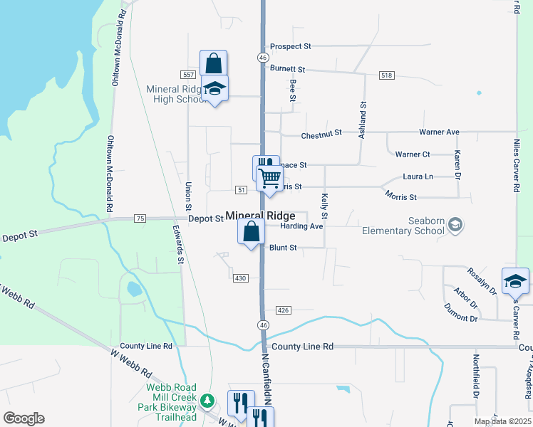 map of restaurants, bars, coffee shops, grocery stores, and more near 3781 South Main Street in Mineral Ridge