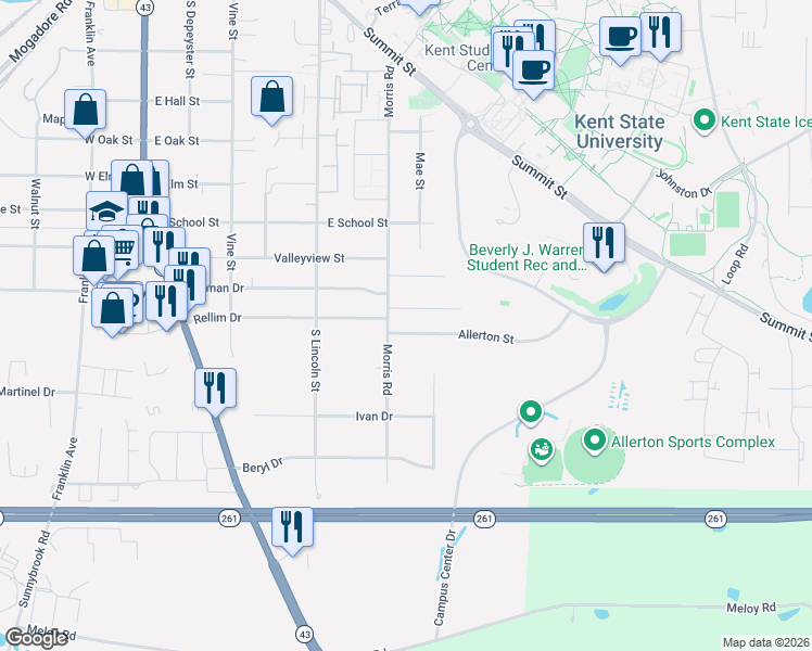 map of restaurants, bars, coffee shops, grocery stores, and more near 710 Avondale Street in Kent