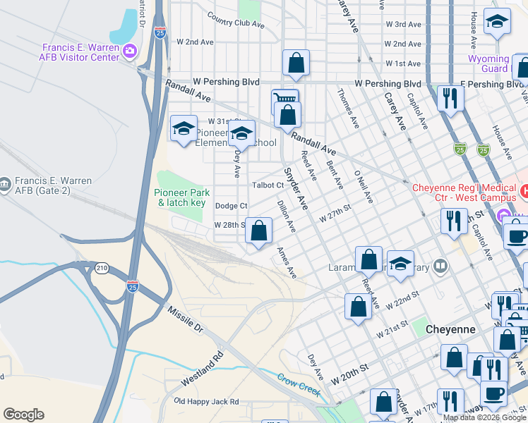 map of restaurants, bars, coffee shops, grocery stores, and more near 1103 West 29th Street in Cheyenne