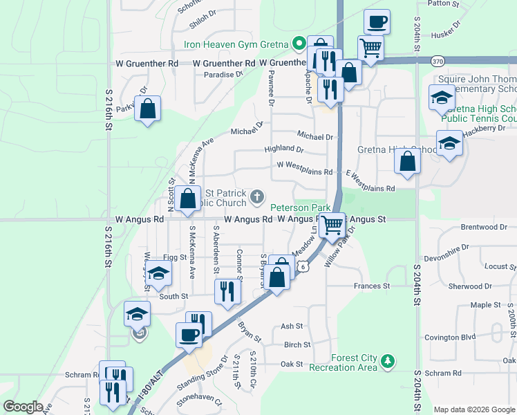 map of restaurants, bars, coffee shops, grocery stores, and more near 516 West Angus Road in Gretna