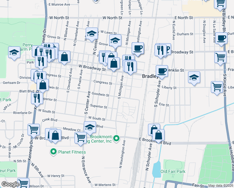 map of restaurants, bars, coffee shops, grocery stores, and more near 247 South Michigan Avenue in Bradley
