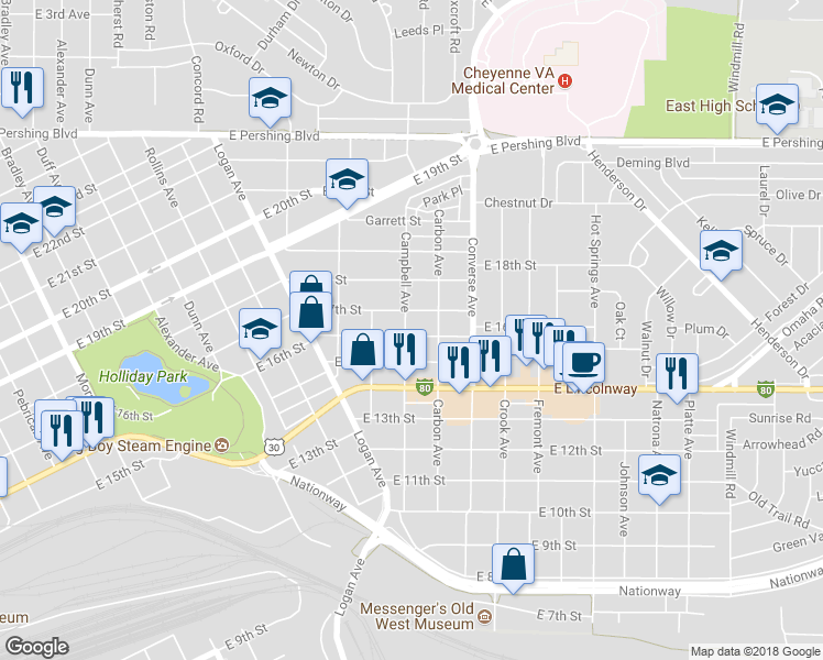 map of restaurants, bars, coffee shops, grocery stores, and more near 2102 East 16th Street in Cheyenne
