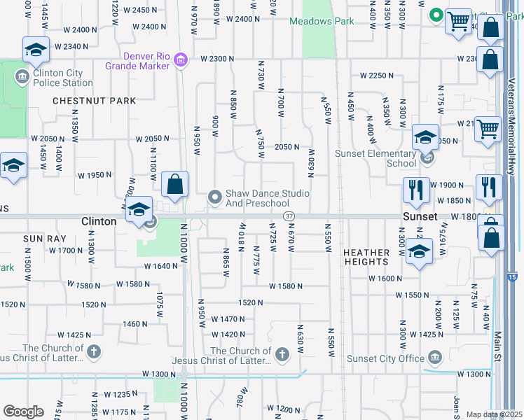 map of restaurants, bars, coffee shops, grocery stores, and more near 752 West 1800 North in Clinton