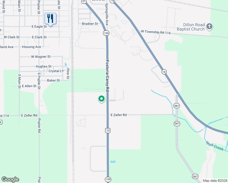 map of restaurants, bars, coffee shops, grocery stores, and more near 1203 Peeler Drive in Fostoria
