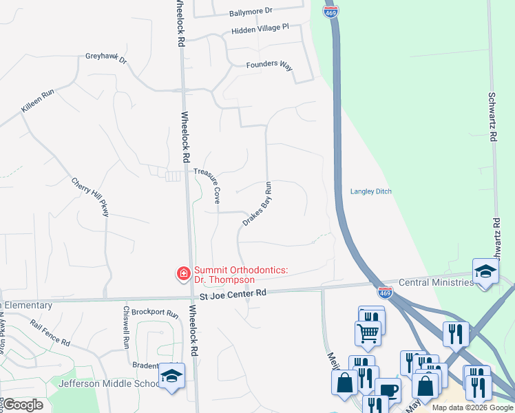 map of restaurants, bars, coffee shops, grocery stores, and more near 6317 Drakes Bay Run in Fort Wayne