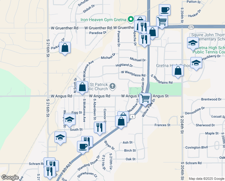 map of restaurants, bars, coffee shops, grocery stores, and more near 508 West Angus Road in Gretna