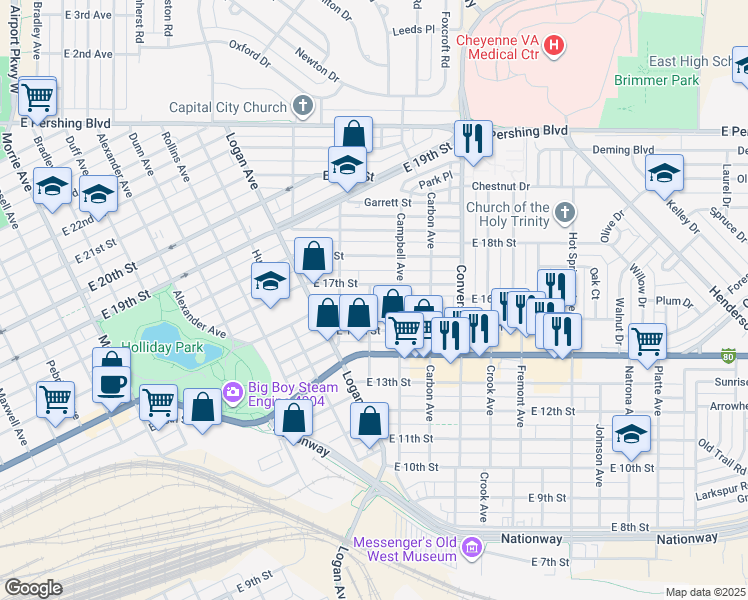 map of restaurants, bars, coffee shops, grocery stores, and more near 1917 East 17th Street in Cheyenne