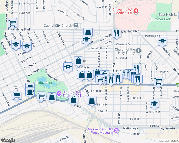map of restaurants, bars, coffee shops, grocery stores, and more near 1917 East 17th Street in Cheyenne