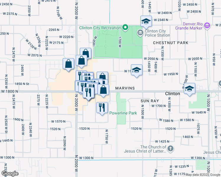 map of restaurants, bars, coffee shops, grocery stores, and more near 1748 West 1800 North in Clinton