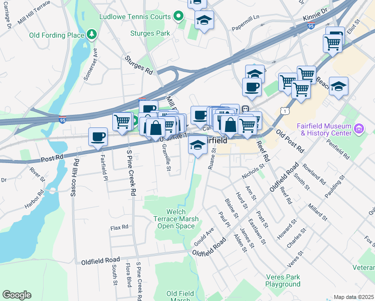 map of restaurants, bars, coffee shops, grocery stores, and more near 49 Thorpe Street in Fairfield